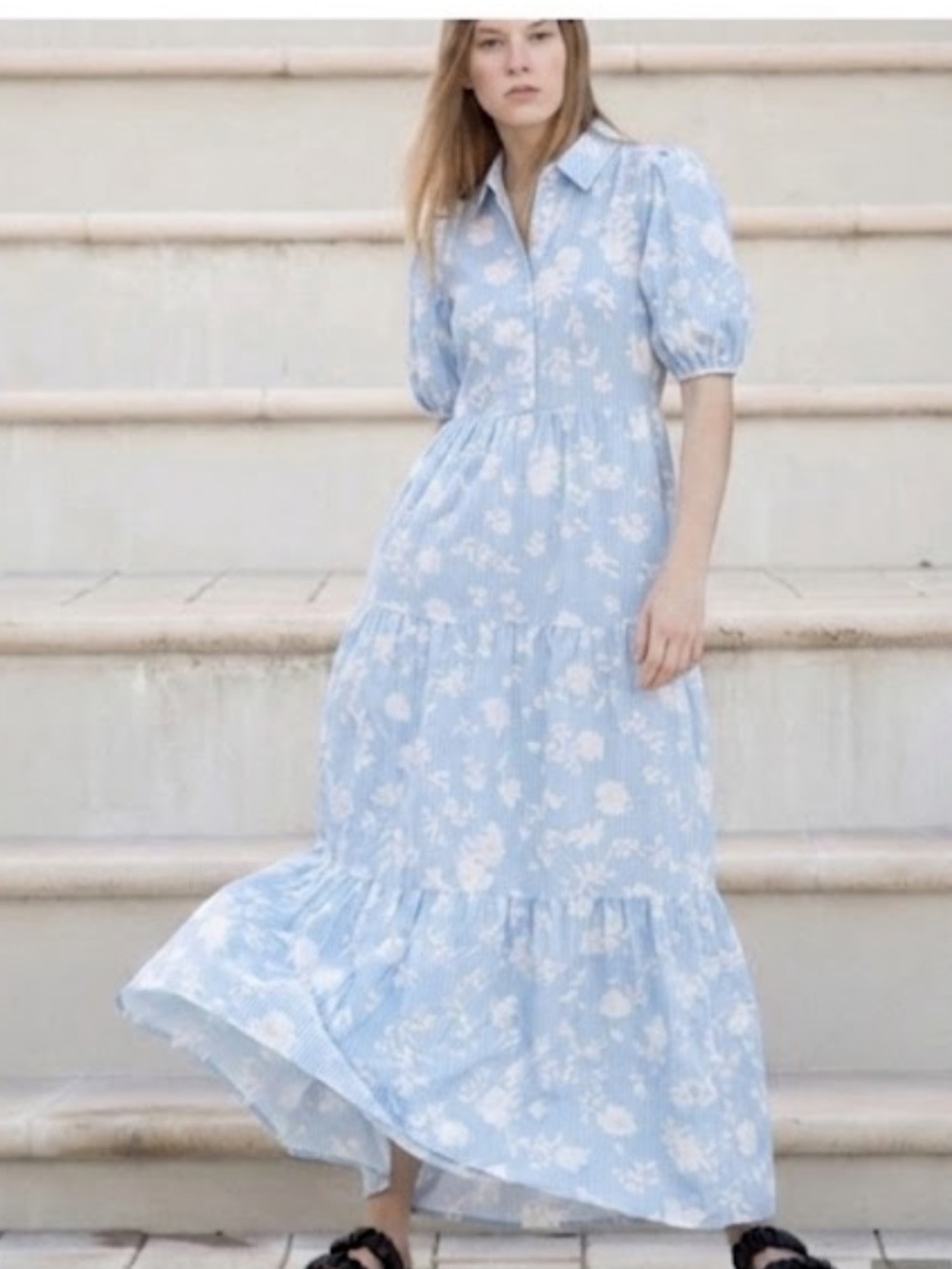 MAAC London Mizen Cotton Maxi Dress Light Blue Striped White Floral Small